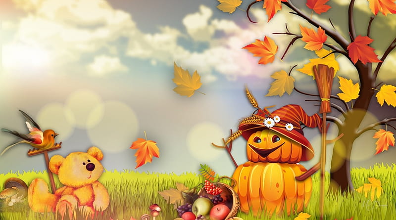 Teddy and Scarecrow, fall, autumn, harvest, scarecrow, sky, Firefox Pesona theme, leaves, bird, pumpkin, teddy bear, field, HD wallpaper