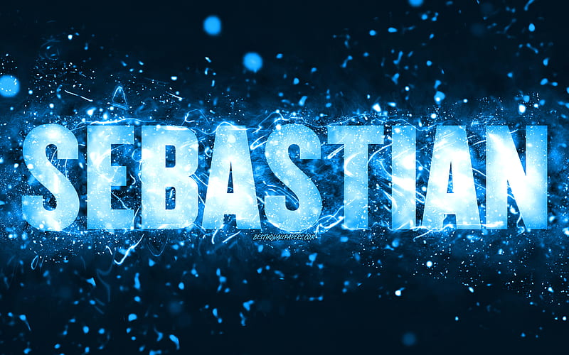 Happy Birtay Sebastian blue neon lights, Sebastian name, creative, Sebastian Happy Birtay, Sebastian Birtay, popular american male names, with Sebastian name, Sebastian, HD wallpaper