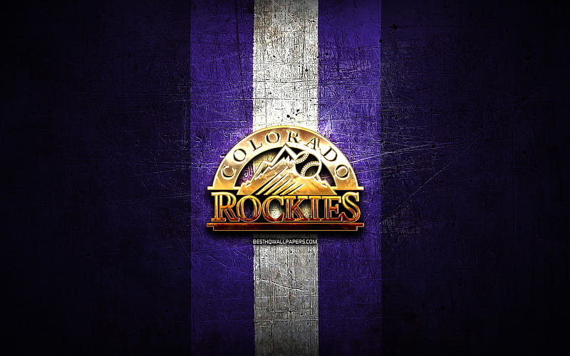 Colorado Rockies, golden logo, MLB, violet metal background, american baseball team, Major League Baseball, Colorado Rockies logo, baseball, USA, HD wallpaper