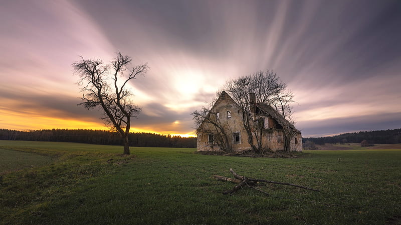 Abandoned House, farm, sunset, house, abandoned, HD wallpaper