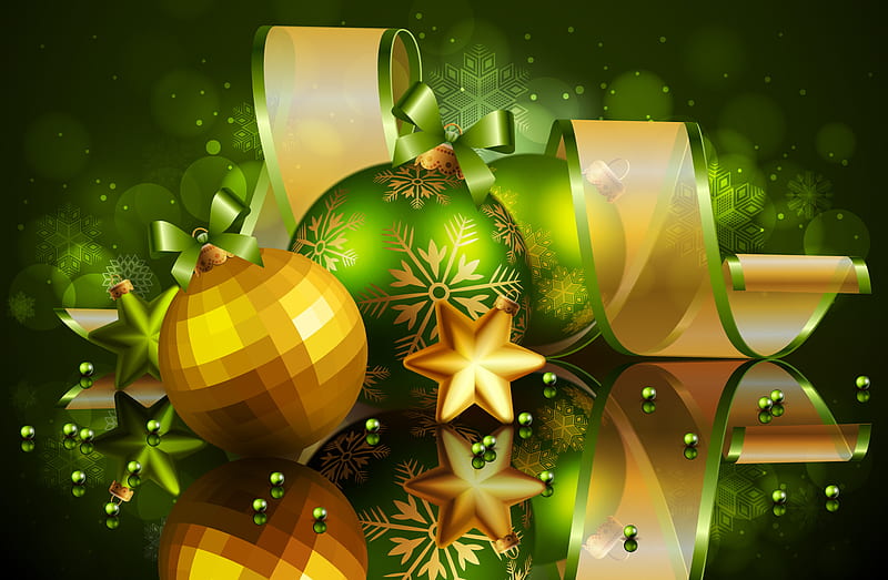Happy Holidays, pretty, green balls, christmas balls, bonito, cold, ball, nice, green, beauty, reflection, star, stars, lovely, holiday, christmas, golden balls, ribbon, golden, colors, soft, new year, happy new year, delicate, elegantly, cool, merry christmas, balls, HD wallpaper