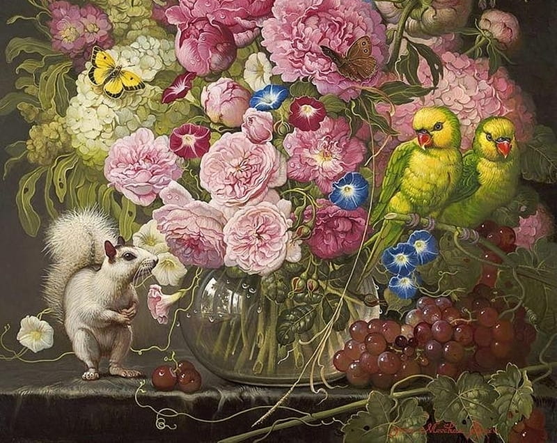 Floral with parrots and white squirrel, art, veverita, squirrel, parrot, grapes, fruit, yana movchan, bird, flower, pasari, painting, white, pink, pictura, HD wallpaper