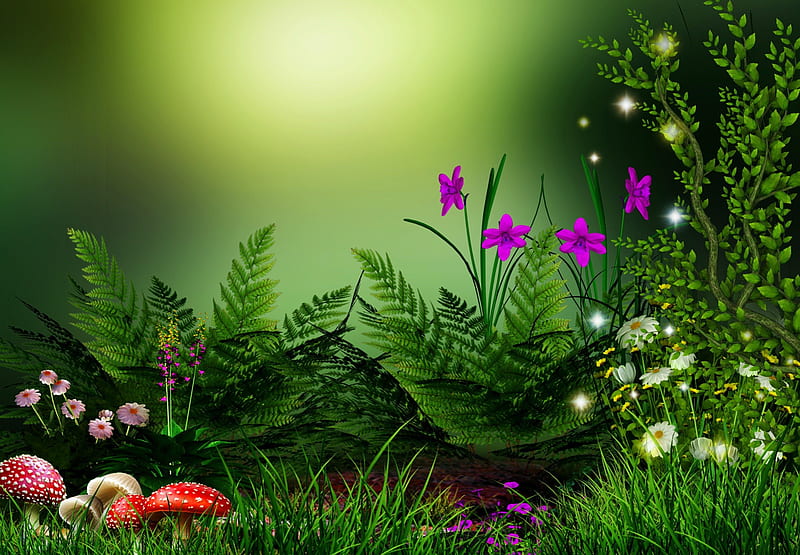 Dream tales, pretty, colorful, grass, bonito, magic, nice, tales, flowers, dream, lovely, greenery, spring, freshness, paradise, summer, nature, mushrooms, HD wallpaper