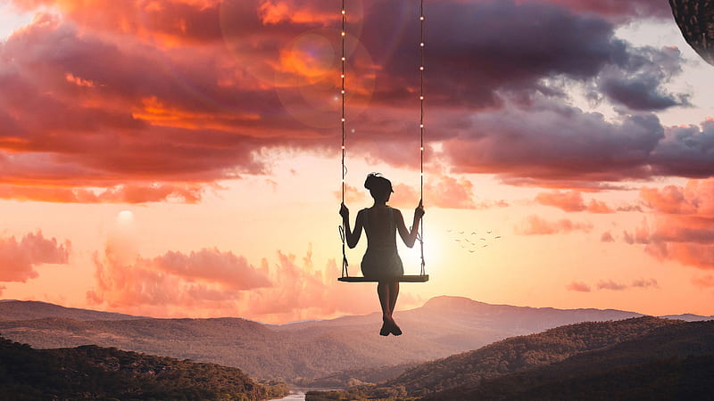 Girl Swinging On Top Of World, swing, girls, graphy, hop, HD wallpaper