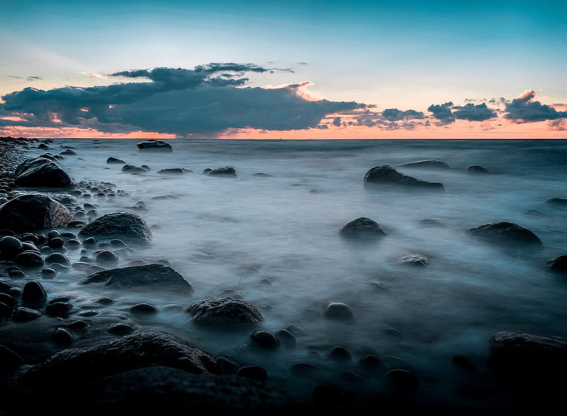 stones, coast, fog, horizon, sunset, HD wallpaper