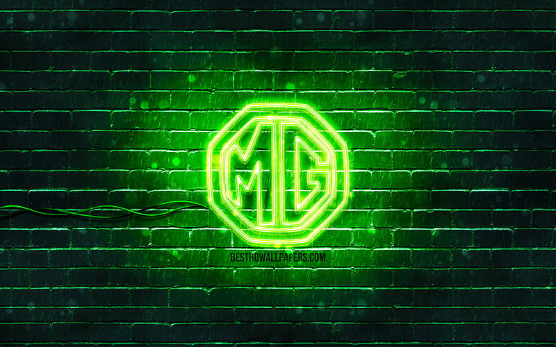 MG green logo green brickwall, MG logo, cars brands, MG neon logo, MG, HD wallpaper