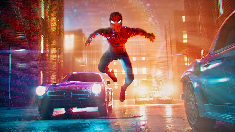 spider-man, animation, carros, raining, buildings, Movies, HD wallpaper