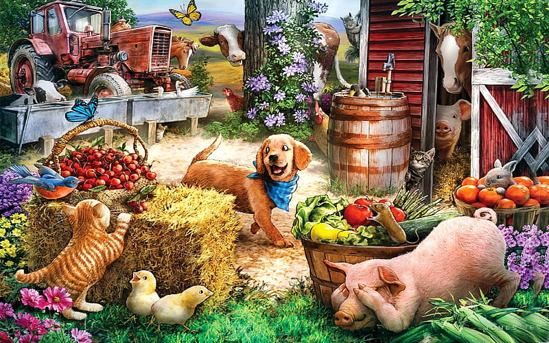 Farm Animals Playing Hide & Seek, colorful, tractor, playful, Sweet, cute,  fruit, HD wallpaper | Peakpx