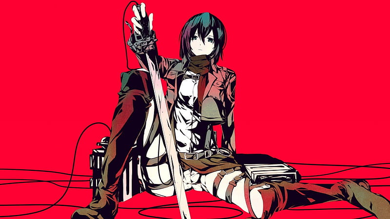 Red, female, manga, Mikasa Ackerman, Shingeki no Kyojin, girl, anime, red background, scarf, weapon, HD wallpaper