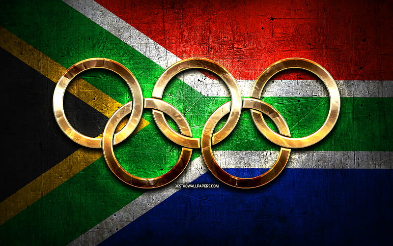 South African olympic team, golden olympic rings, South Africa at the Olympics, creative, South African flag, metal background, South Africa Olympic Team, flag of South Africa, HD wallpaper