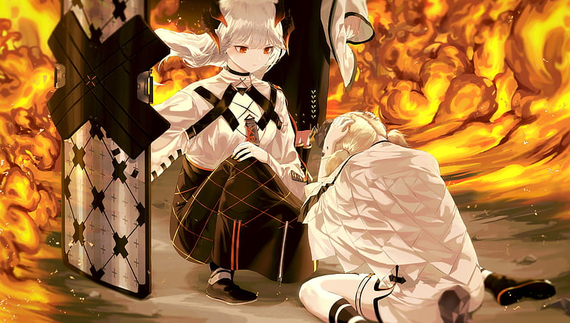 saria, ifrit, explosion, flames, arknights, anime games, horns, white hair, Anime, HD wallpaper