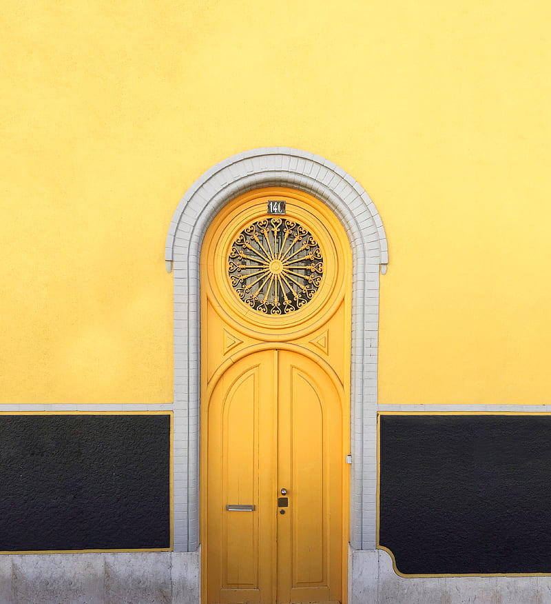 yellow wooden door between yellow wall, HD phone wallpaper