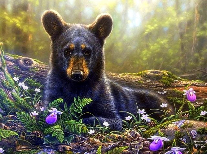 Curious Cub, lovely, colors, love four seasons, bear, spring, cute, paintings, flowers, cubs, bears, forests, animals, HD wallpaper