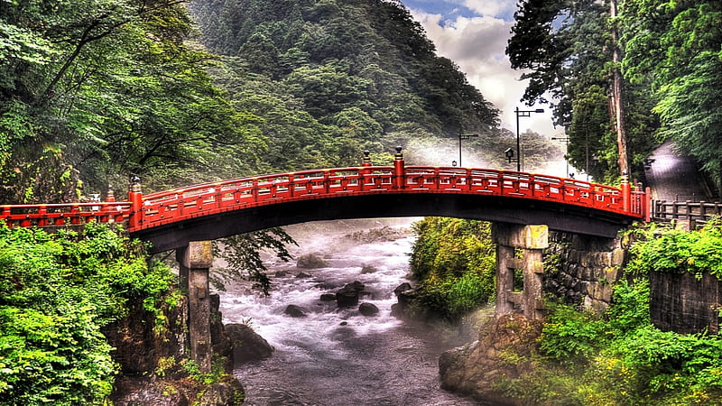 Japanese Bridge, red, japan, japanese, bridge, tokyo, nature, river, scenery, HD wallpaper