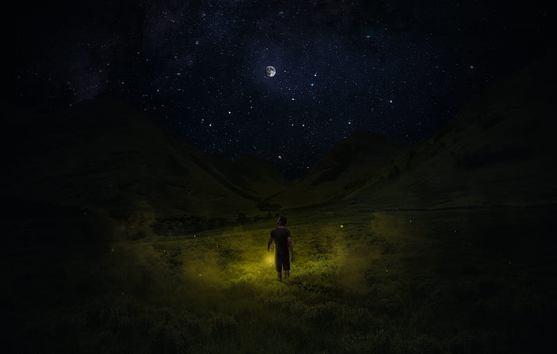 starry sky, man, night, field, sky, grass, HD wallpaper