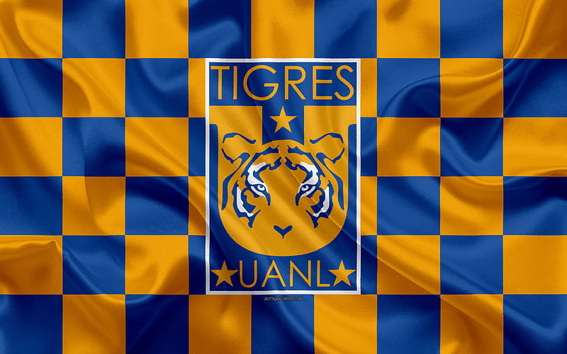 Tigres UANL logo, creative art, orange blue checkered flag, Mexican Football club, Primera Division, Liga MX, emblem, silk texture, Nuevo Leon, Mexico, football, HD wallpaper