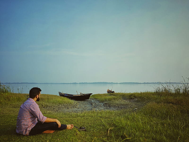 Wait of Noon, afternoon, alone, boat, boy, green, lonely, nature, ocean, river, sea, HD wallpaper