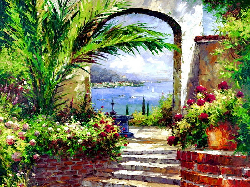 Rose arch, pretty, colorful, stairs, palm, bonito, bushes, sea, leaves, nice, boats, painting, art, lovely, view, roses, lake, tree, water, arch, summer, nature, sailboats, HD wallpaper