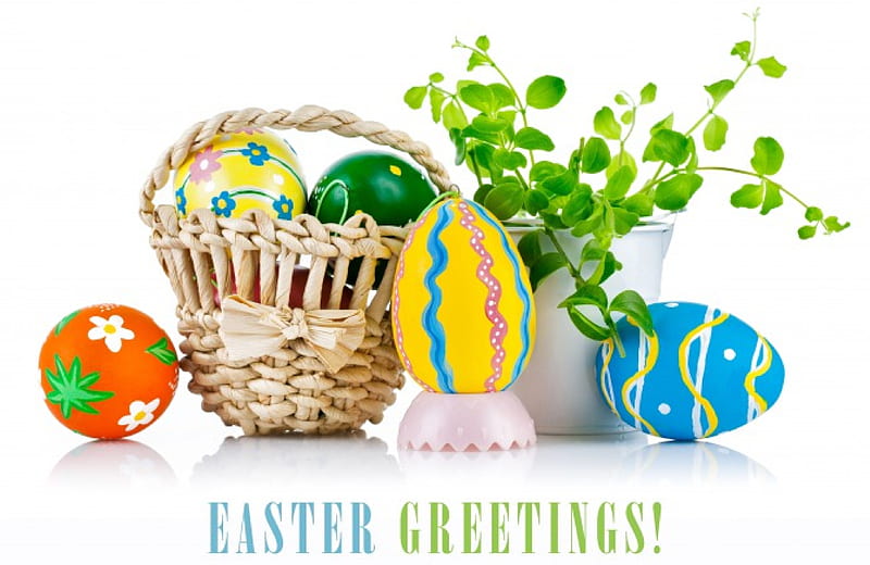 Easter Greetings, colorful, eggs, card greetings, basket eggs, happy easter, HD wallpaper