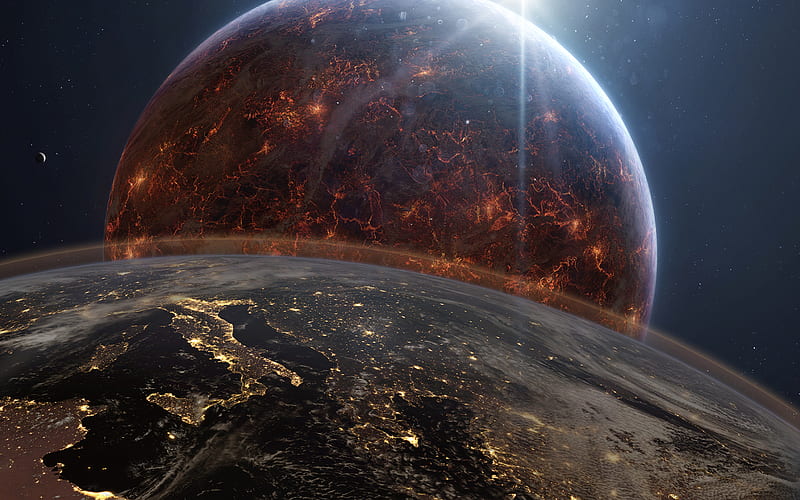Earth from space, fire planet, Solar System, galaxy, Earth, sci-fi, stars, Europe from space, Apocalypse, universe, NASA, planets, HD wallpaper
