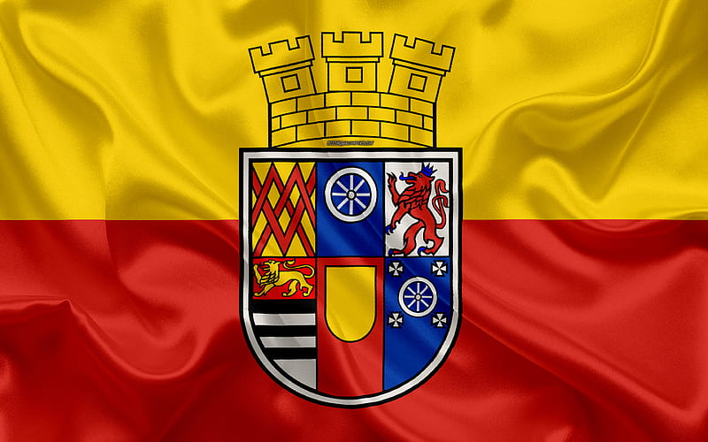 Flag of Mulheim an der Ruhr silk texture, red yellow silk flag, coat of arms, German city, Mulheim an der Ruhr, North Rhine-Westphalia, Germany, symbols, HD wallpaper