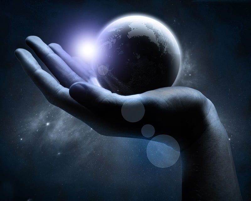 Universe in your hands, world, planet, space, hand, heal, abstract, protect, HD wallpaper