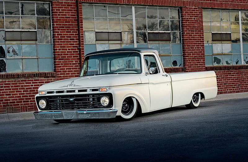 1966-Ford-F-100, Classic, White, Lowered, Truck, HD wallpaper