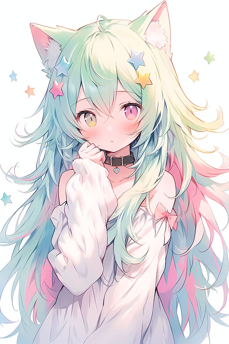 Girl, heterochromia, neko, stars, anime, HD phone wallpaper | Peakpx