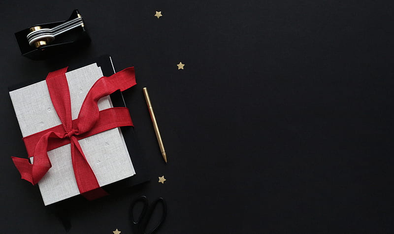 white gift box with red ribbon beside pencil, scissors, and tape dispenser, HD wallpaper