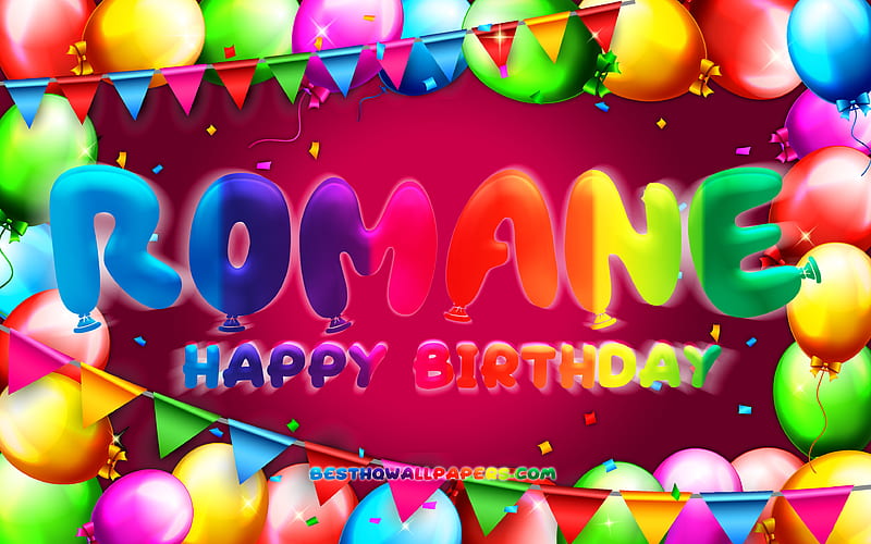 Happy Birtay Romane colorful balloon frame, Romane name, purple background, Romane Happy Birtay, Romane Birtay, popular french female names, Birtay concept, Romane, HD wallpaper