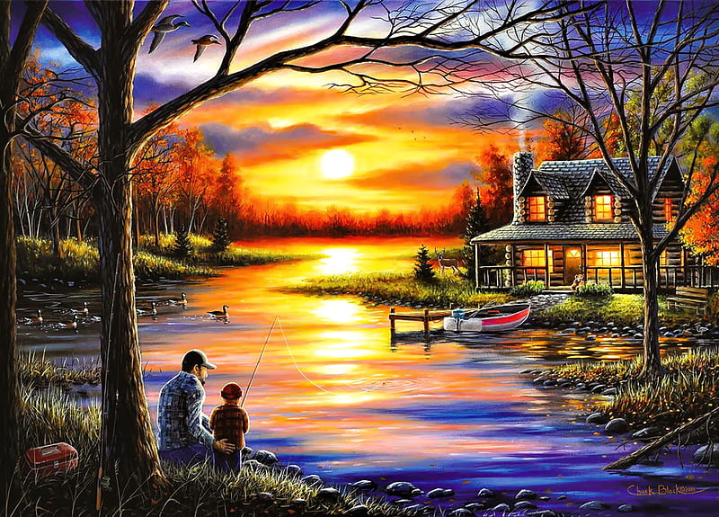 Father and son, art, house, cottage, painting, sunset, reflection, lake, HD wallpaper