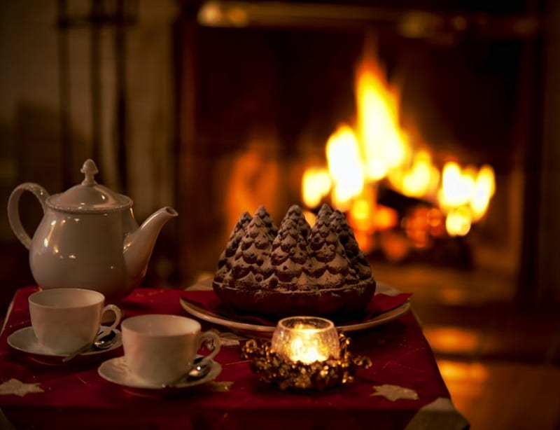 Tea time, candle, candles, winter, dessert, fire, fireplace, candle light, peaceful, light, HD wallpaper
