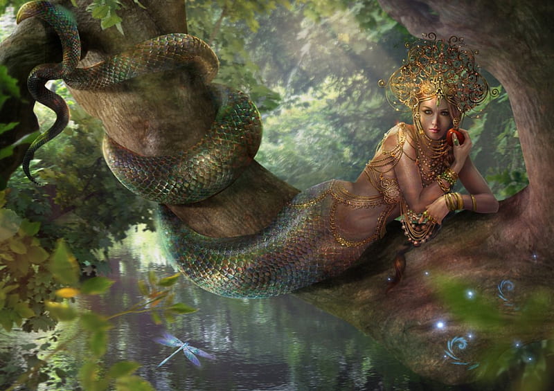 Mythology, forest, woman, snake, body, HD wallpaper