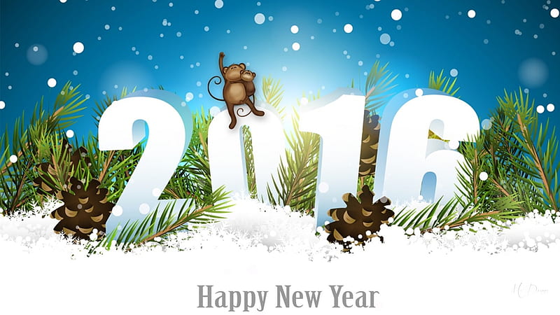 2016 New Year, 2016, Happy New Year, Year of the Monkey, winter, pine cones, monkey, snow, Chinese New Year, fir, HD wallpaper