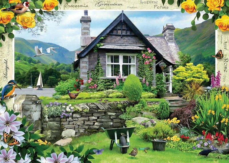 LAKESIDE COTTAGE, cottages, houses, homes, flowers, gardens, howard robinson, artworks, HD wallpaper