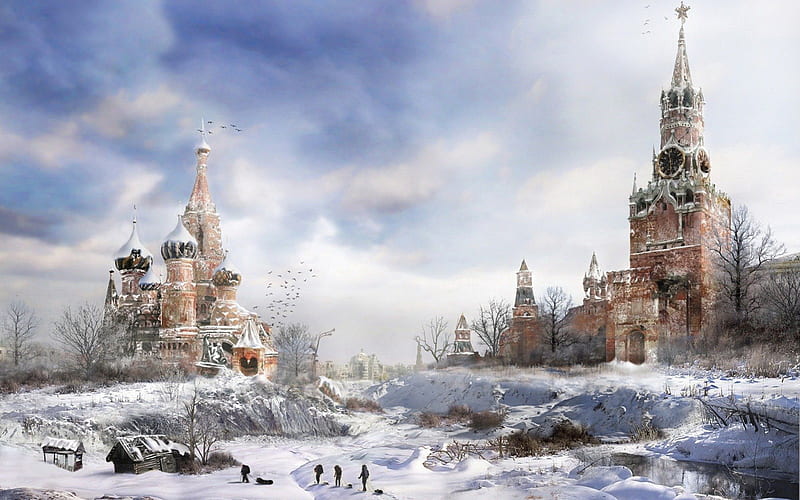 Russian Winter, snow, people, painting, church, landscape, HD wallpaper