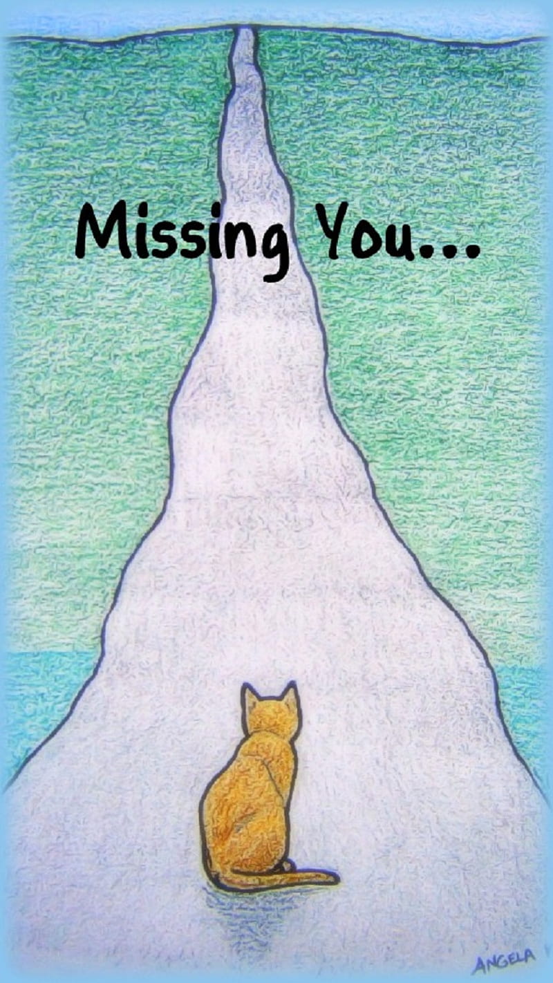 Missing You Cat art, alone, drawings, emo, heartbroken, kitty, love lost, miss you, sad, sayings, you and me, HD phone wallpaper