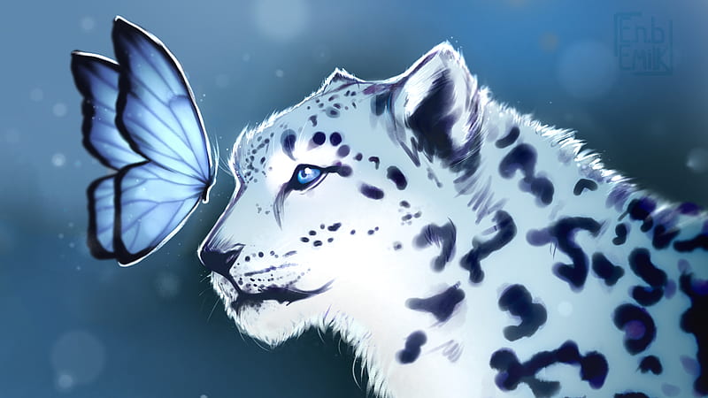 Cats, Snow Leopard, Artistic, Artwork, Blue, Butterfly, Magic, HD wallpaper