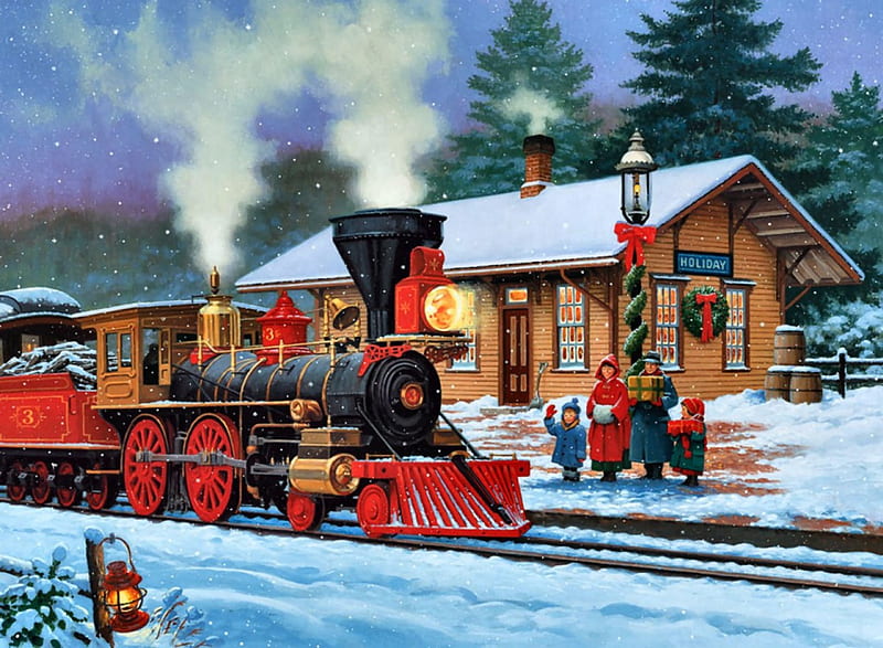 Holiday Train F2Cmp, Christmas, art, holiday, December, illustration, artwork, winter, depot, train, snow, engine, painting, wide screen, station, occasion, scenery, HD wallpaper