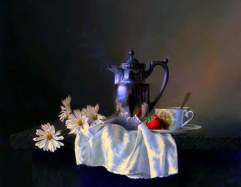 'Chamomile Tea at Afternoon', pretty, draw and paint, bonito, tea, still life, afternoon, paintings, decorations, chamomile, flowers, classic, lovely, colors, love four seasons, creative pre-made, napkin, cup, nature, kettle, HD wallpaper