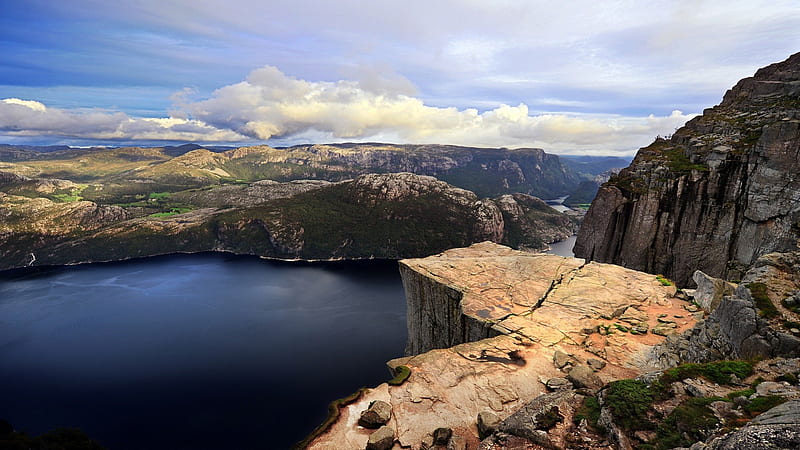 what a view, rocks, cliffs, grass, mountains, blue sky, clouds, lake, HD wallpaper