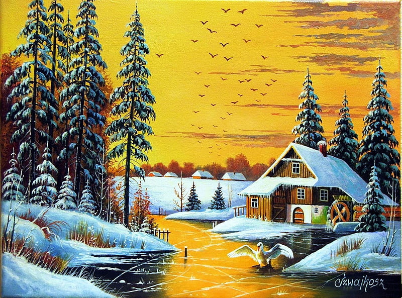 Watermill in Winter, snow, painting, river, sunset, artwork, firs, HD wallpaper