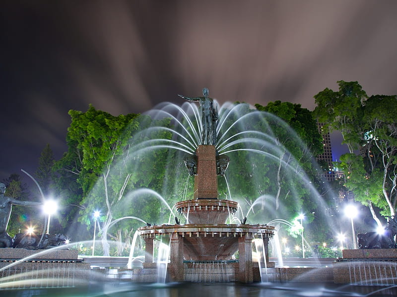 Fountain, water, garden, park, night, light, HD wallpaper