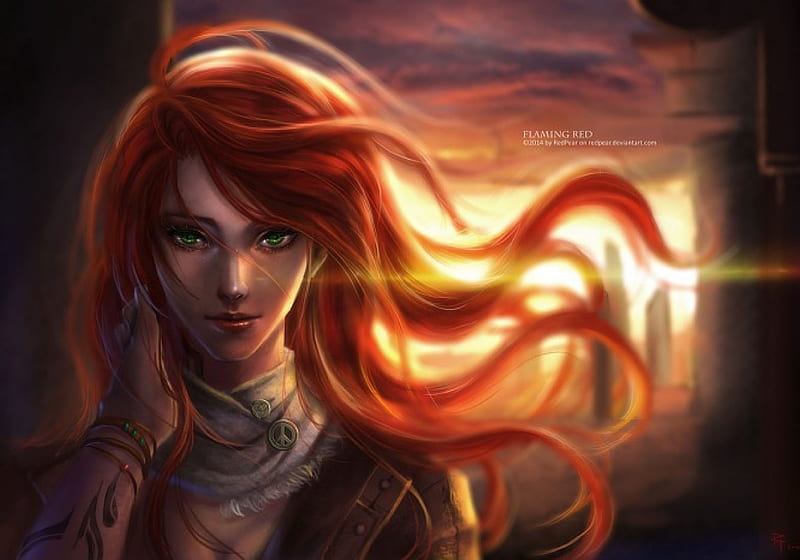 Flaming Red, pretty, glow, divine, cg, redhead, green eyes, bonito, magic, sweet, nice, fantasy, emotional, hot, beauty, realistic, long hair, light, gorgeous, lovely, red hair, sexy, cute, girl, fantasy girl, magical, sinister, lady, angelic, serious, maiden, HD wallpaper