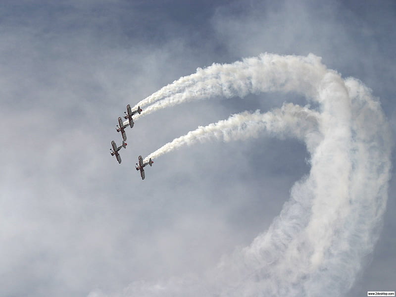 airshow, stunt, flight, vapor trail, biplanes, aircraft, coordination, flying, blue sky, smoke, HD wallpaper