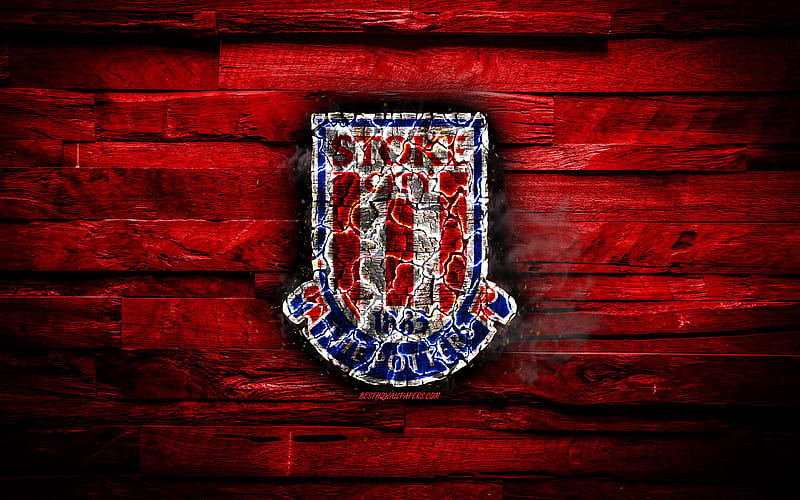 Stoke City FC, red wooden background, England, burning logo, Championship, english football club, grunge, Stoke City logo, football, soccer, wooden texture, HD wallpaper