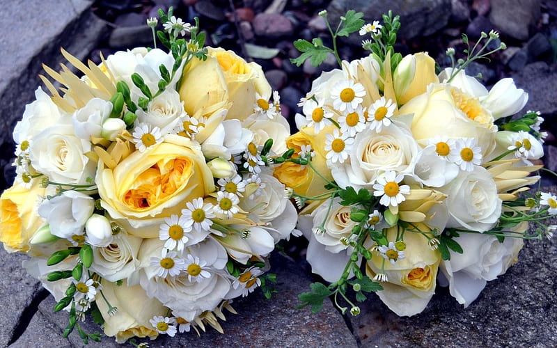 wedding bouquet, roses, sia, chamomile, two bouquets, bridal bouquet, HD wallpaper