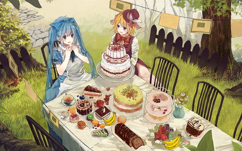 Alice in Wonderland, Hatsune Miku, Kagamine Len, art, female anime characters, Japanese manga, HD wallpaper