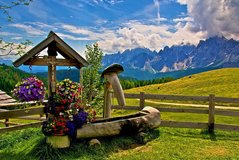 Summer in Italy, fence, pretty, grass, Italy, bonito, clouds, mountain, nice, green, dolomites, lovely, mountainscape, greenery, sky, freshness, Europe, flower, summer, nature, HD wallpaper