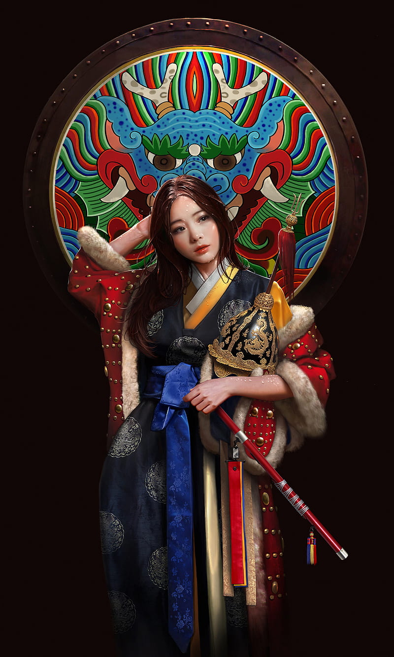 Asian, artwork, digital, women, dragon, dress, looking away, crown, symbols, shield, HD phone wallpaper